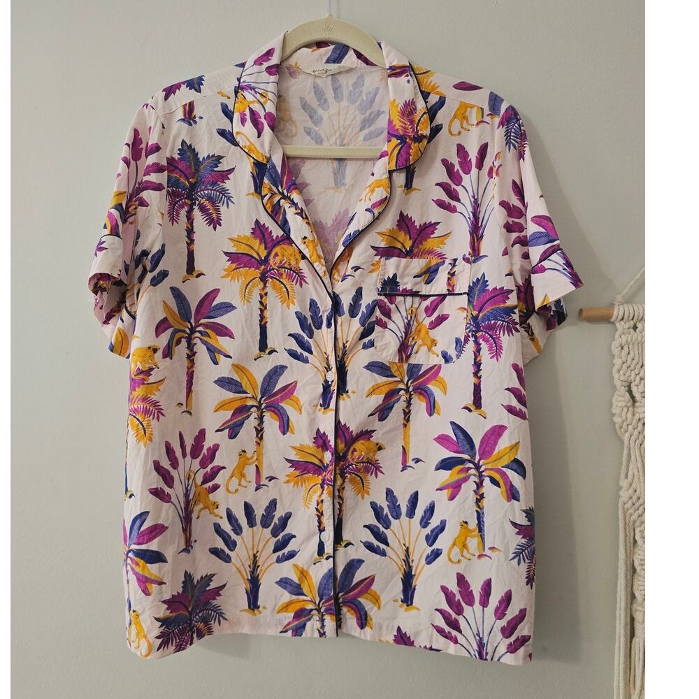 Print Fresh Royal Palms Basil Tropical Trees Monkey Pajama Shirt SS Size L Large